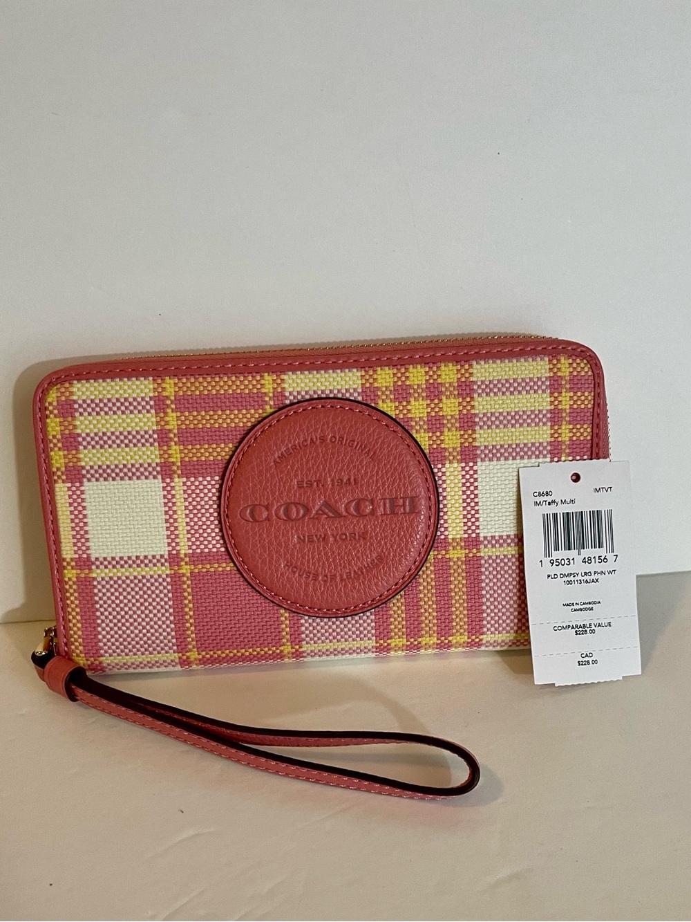 Coach NWT Dempsey Plaid Pink & Yellow Wallet/Wristlet